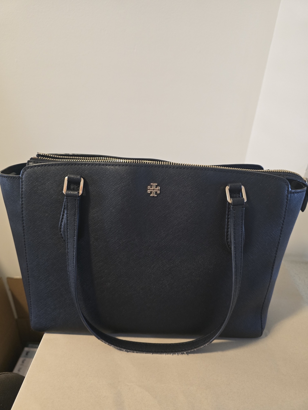 Tory Burch Navy Saffiano Small Leather Tote